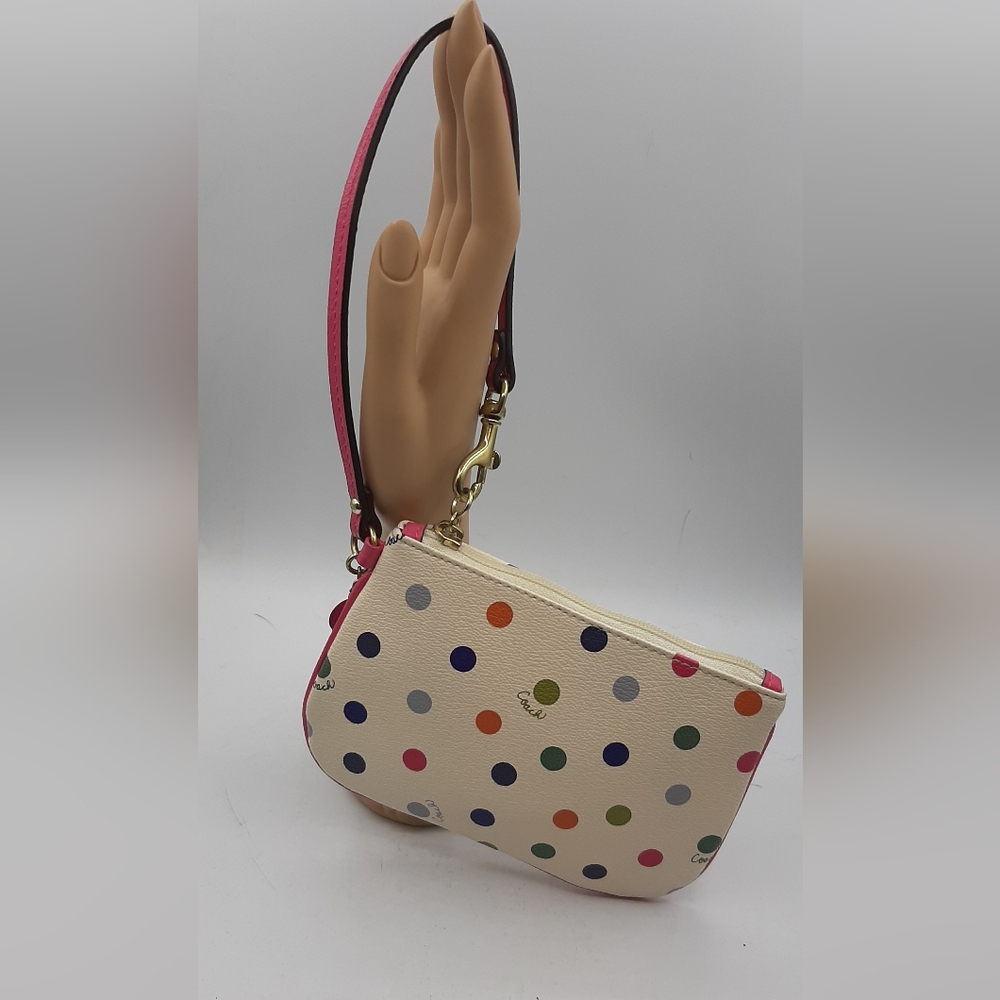 Coach Corner Wristlet Wallet Cream Pink Polka Dot Pouch Small Logo Leather - Picture 4 of 8